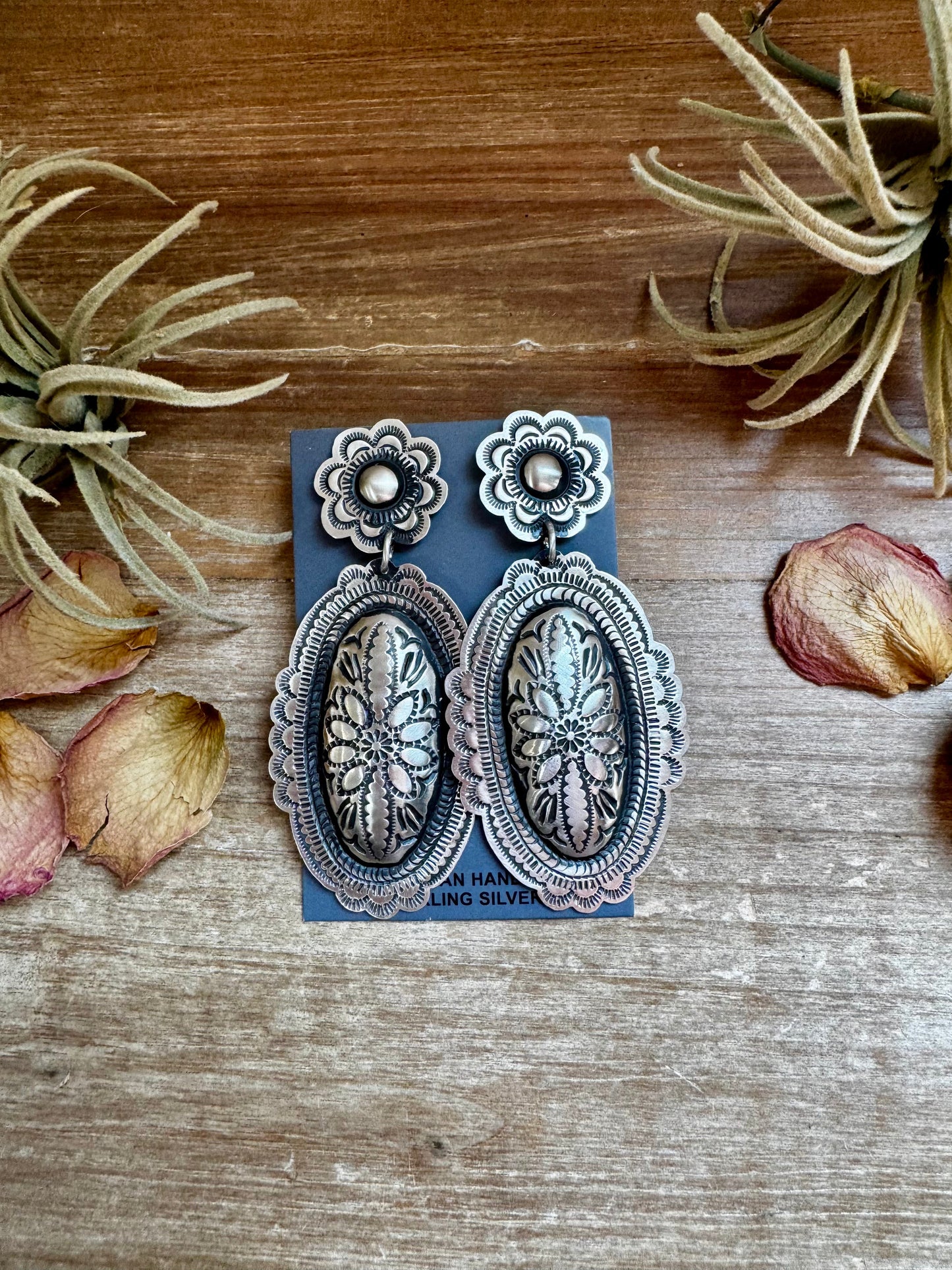 Leander Tahe Sterling Silver Earrings – Post & Dangle Statement with Stamped Detail