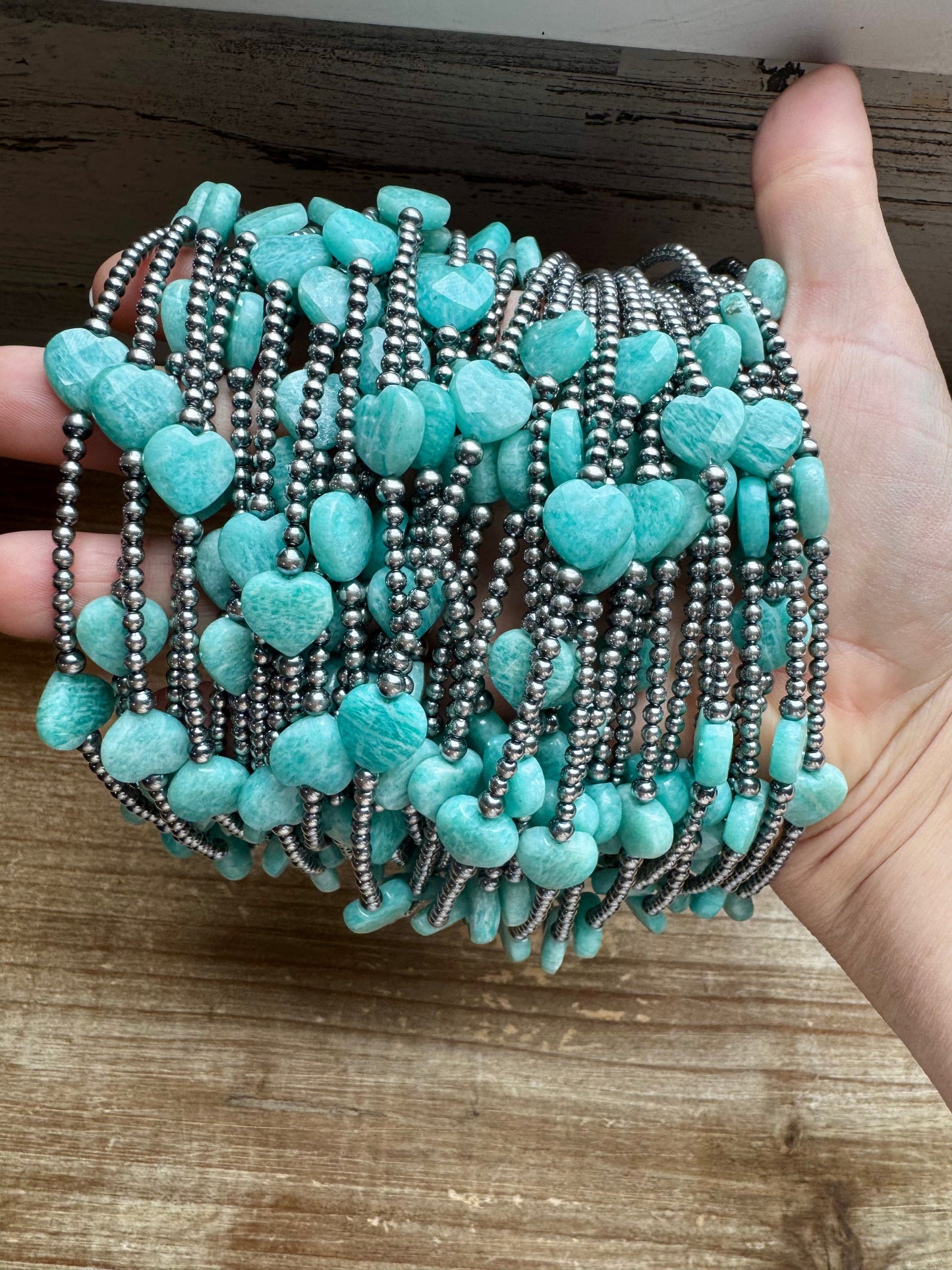 15-Inch Peruvian Amazonite Heart Necklace – 5 Hearts, Handmade with Sterling Silver Pearls