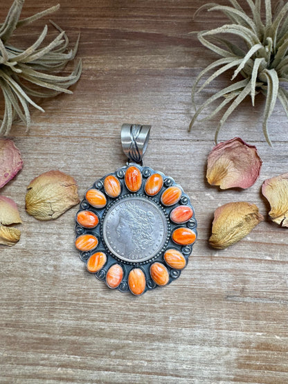 Orange Spiny Oyster & Silver Coin Pendant – Signed by Gabby