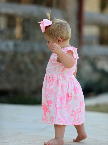 Bow Print Flying Sleeve Girls Dress