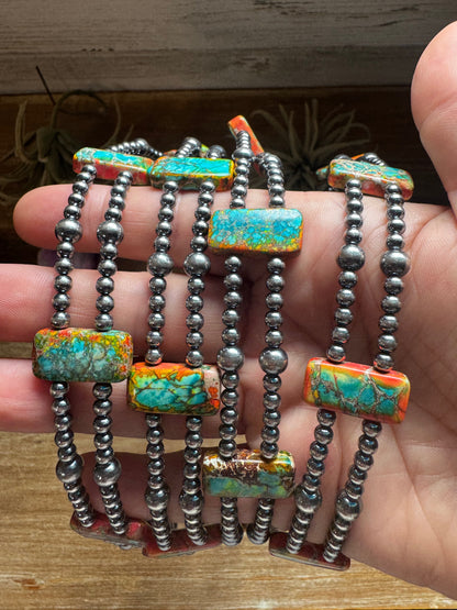 Orange/Turquoise Double Strand Necklace – 13” Beaded – Sterling Silver Pearls & Rectangle Variscite