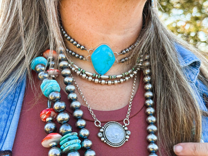 Double Strand Sterling Silver & Turquoise Choker – 13” + Extender – 6 mm Pearls