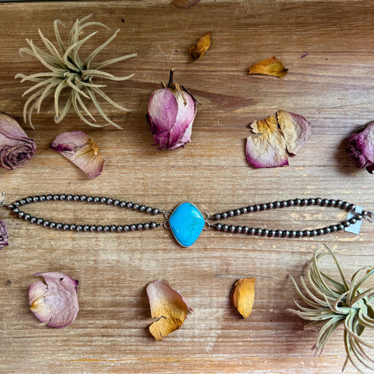 Double Strand Sterling Silver & Turquoise Choker – 13” + Extender – 6 mm Pearls