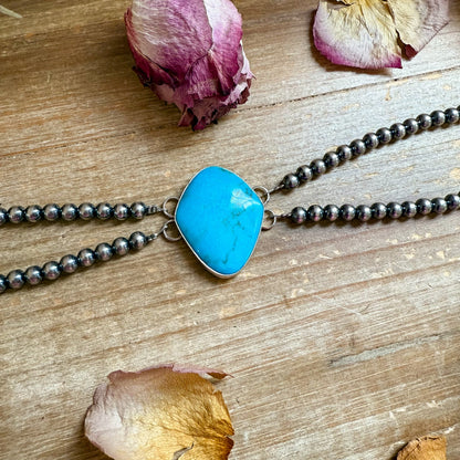 Double Strand Sterling Silver & Turquoise Choker – 13” + Extender – 6 mm Pearls