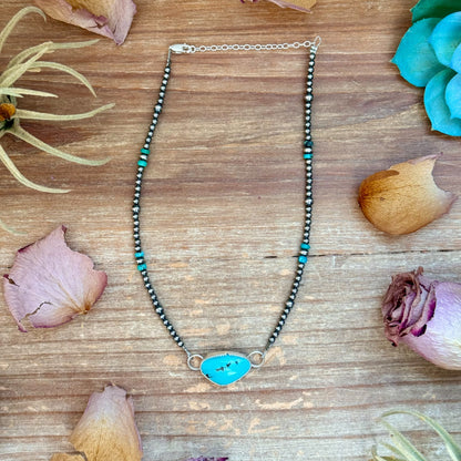 Sterling Silver Pearl & Turquoise Choker – 13” + 2” Extender – In-House Silversmithing – One of a Kind