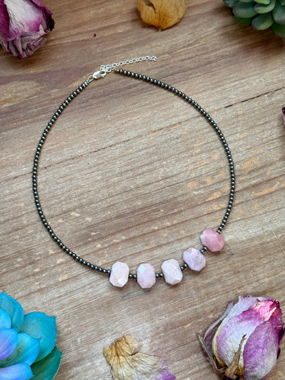 Pink Opal & 3mm Sterling Silver Pearl Necklace