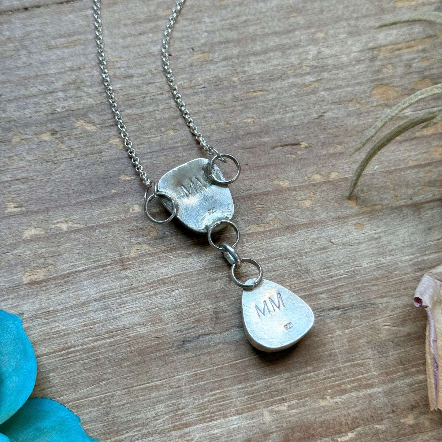 terling Silver Chain Necklace with Double Turquoise Dangles – 16” + Extender – Handmade In-House by The Bijoux FAB –