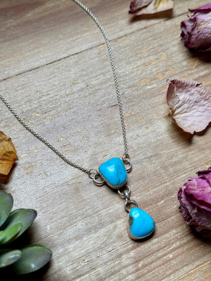 terling Silver Chain Necklace with Double Turquoise Dangles – 16” + Extender – Handmade In-House by The Bijoux FAB –