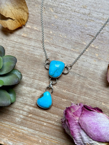 terling Silver Chain Necklace with Double Turquoise Dangles – 16” + Extender – Handmade In-House by The Bijoux FAB –