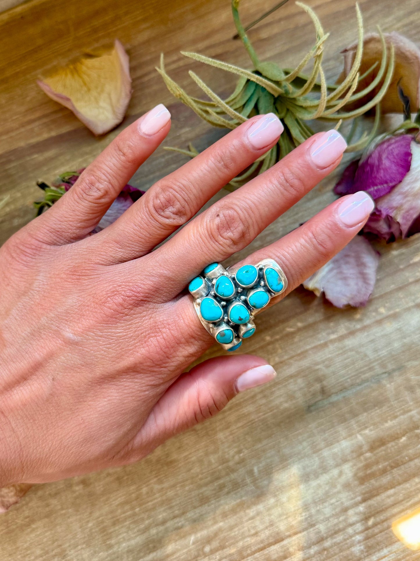 Kingman Turquoise Longhorn Sterling Silver Ring – Adjustable (Fits 8+)