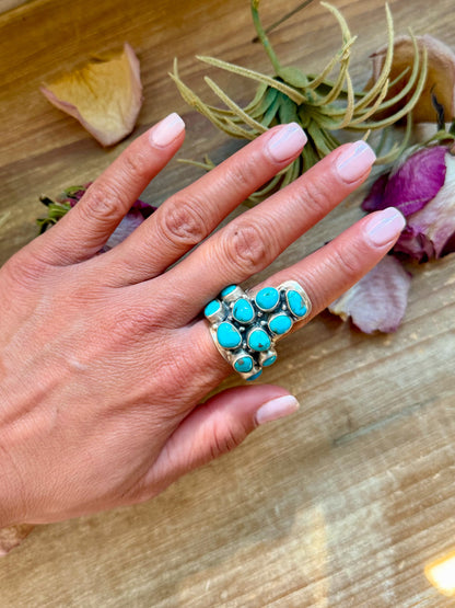 Kingman Turquoise Longhorn Sterling Silver Ring – Adjustable (Fits 8+)