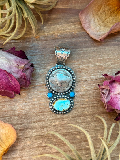 Golden Hills & Kingman Turquoise Pendant with Buffalo Coin