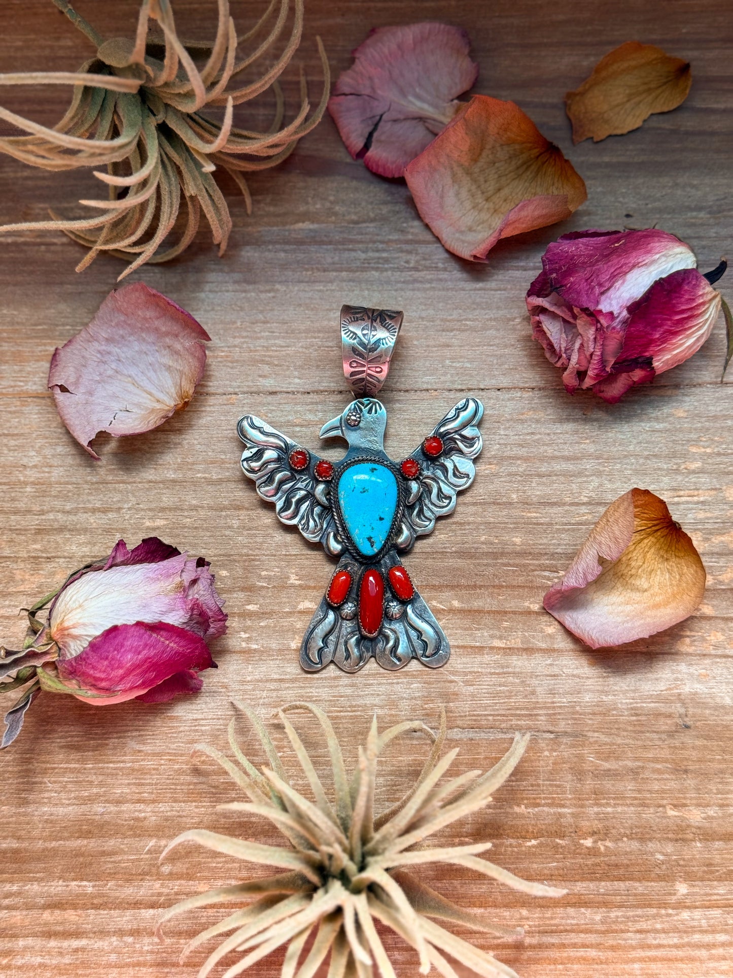 Thunderbird Pendant – Red Coral & Turquoise – Stamped Richard Yazzie