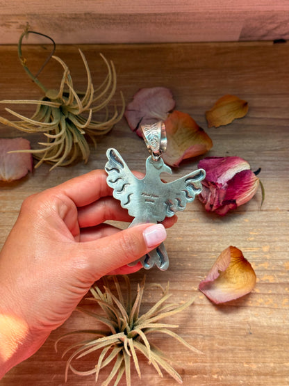 Thunderbird Pendant – Red Coral & Turquoise – Stamped Richard Yazzie