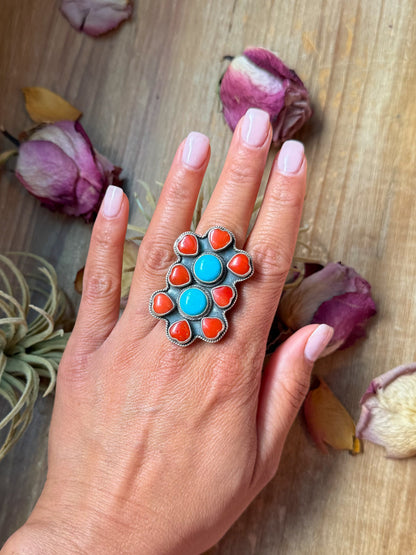 Red Coral & Kingman Turquoise Sterling Silver Ring – Adjustable