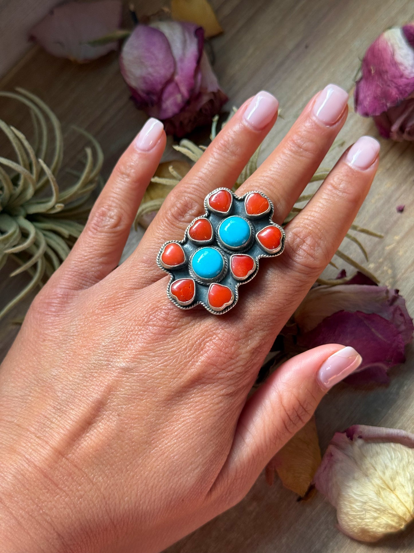 Red Coral & Kingman Turquoise Sterling Silver Ring – Adjustable