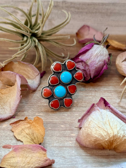 Red Coral & Kingman Turquoise Sterling Silver Ring – Adjustable