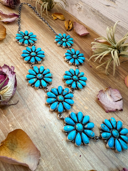 Sterling Silver Kingman Turquoise Flower Lariat Necklace – 25 Inch + 5½ Inch Drop – Native Made by A. Spencer – USA Made