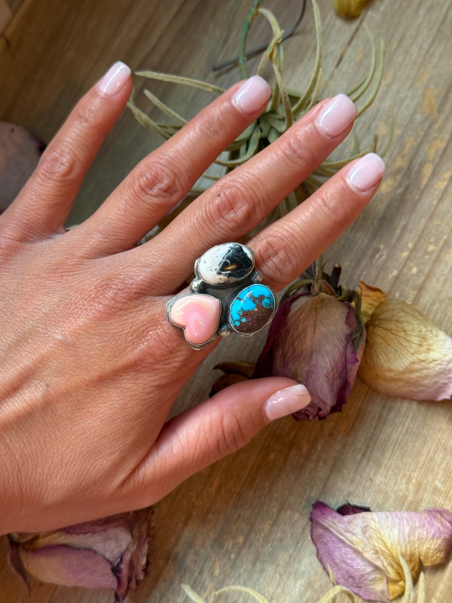 Pink Conch, Kingman Turquoise & White Buffalo Sterling Silver Ring – Adjustable (Size 9+)