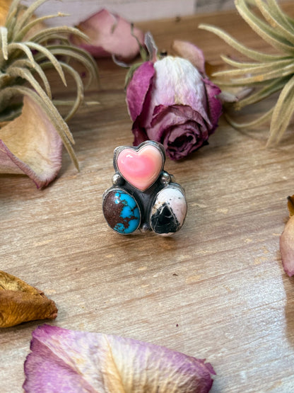Pink Conch, Kingman Turquoise & White Buffalo Sterling Silver Ring – Adjustable (Size 9+)