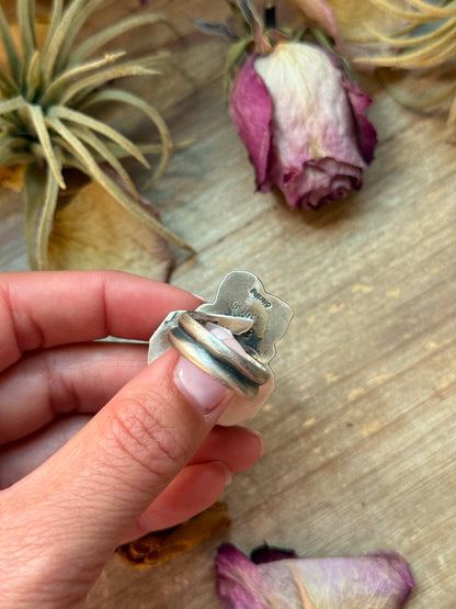 Pink Conch, Kingman Turquoise & White Buffalo Sterling Silver Ring – Adjustable (Size 9+)