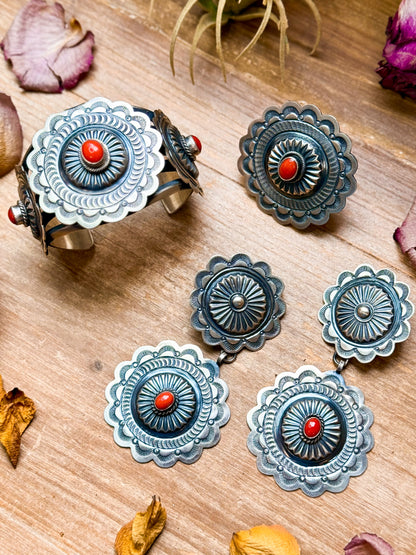 Sterling Silver Coral Jewelry Set – Native Made by Emerson Brown – Cuff, Adjustable Ring & Dangle Earrings