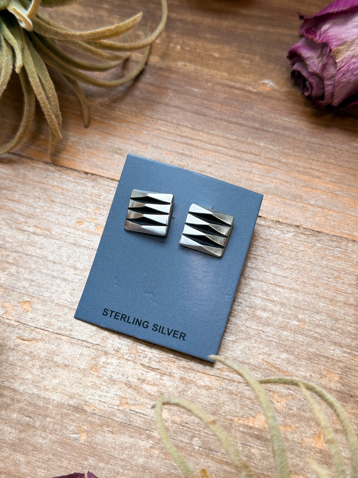 Sterling Silver Square Stud Earrings – Native Made by L. Tahe (Navajo Artist)