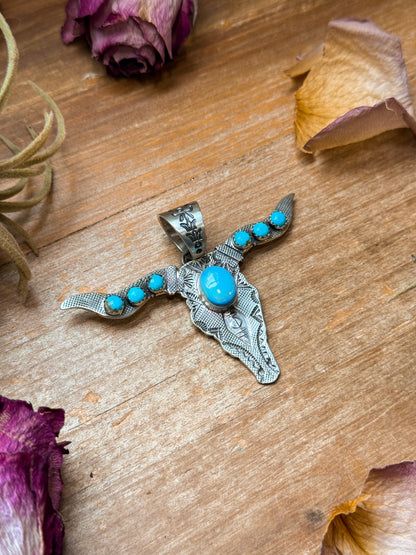 Sterling Silver Longhorn Pendant with Golden Hill Turquoise – Native Made by Leroy James (Navajo Artist)