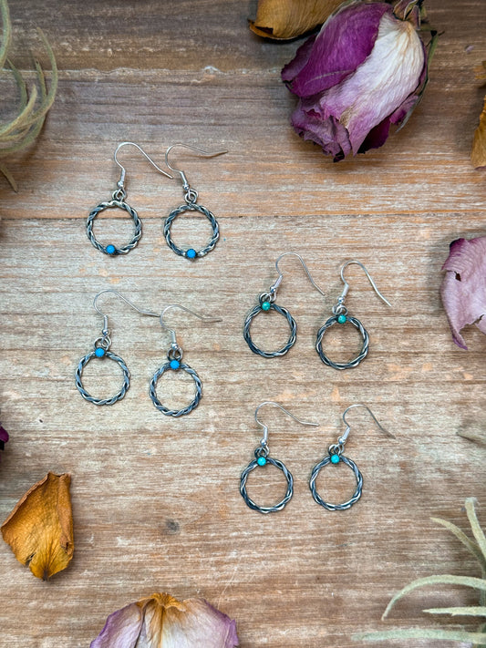 Sterling Silver Mini Hoop Dangle Earrings with Turquoise