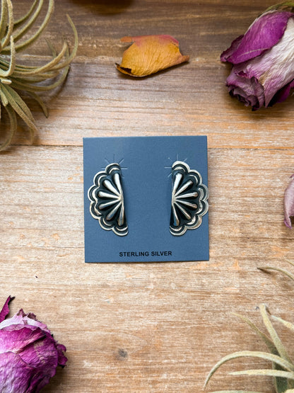 Sterling Silver Half Cluster Concho Earrings – Native Made by L. Tahe (Navajo Artist)