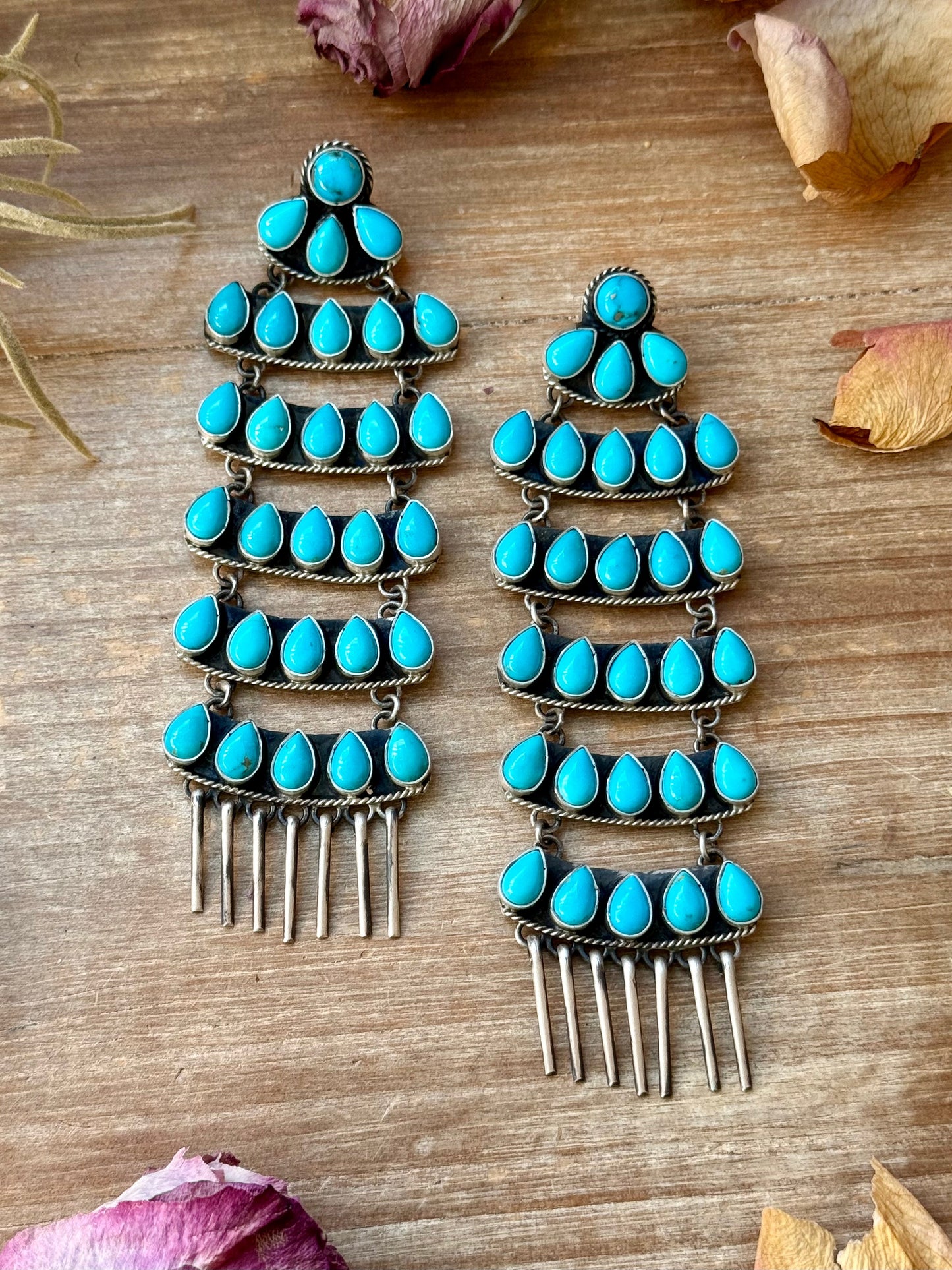 Sterling Silver Kingman Turquoise Dangle Earrings – 5 Inch Statement Design – Native Made by Geraldine James – Navajo Handmade