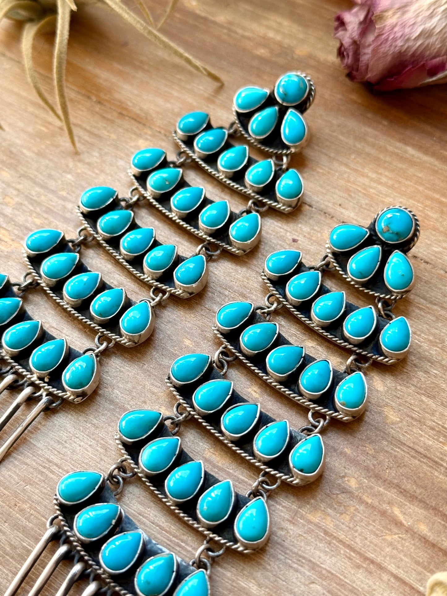 Sterling Silver Kingman Turquoise Dangle Earrings – 5 Inch Statement Design – Native Made by Geraldine James – Navajo Handmade