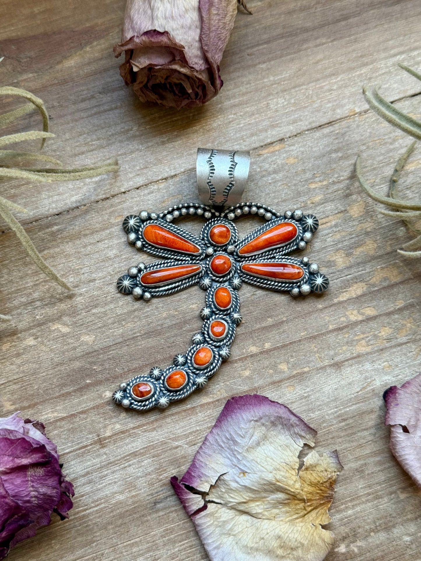 Sterling Silver Orange Spiny Oyster Dragonfly Pendant – Fits Up to 15 mm Beads – Artist Shay Pfeiffer
