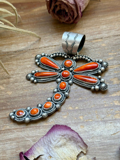Sterling Silver Orange Spiny Oyster Dragonfly Pendant – Fits Up to 15 mm Beads – Artist Shay Pfeiffer
