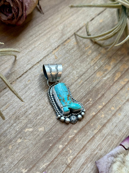 Sterling Silver Kingman Turquoise Cowboy Boot Pendant – Handmade by Artist Shay Pfeiffer