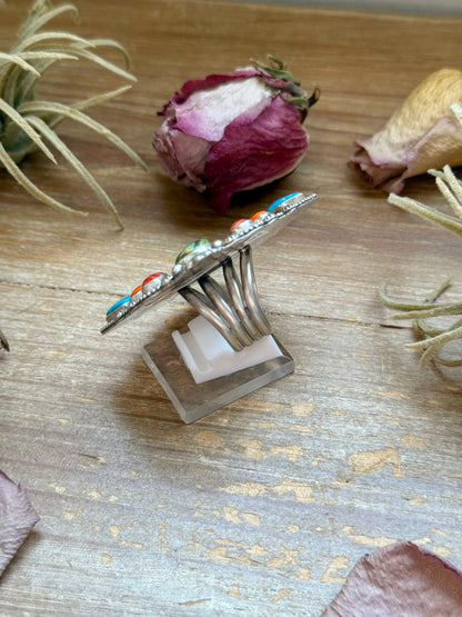 Mosaic Cluster Ring – Sterling Silver – Sonoran Mountain, Blue Ridge Turquoise & Spiny Oyster – Size 9 – Artist Shay Pfeiffer