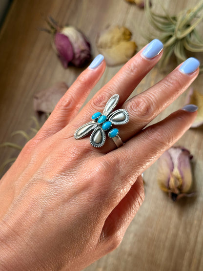 Sterling Silver Butterfly Ring with Kingman Turquoise – Adjustable