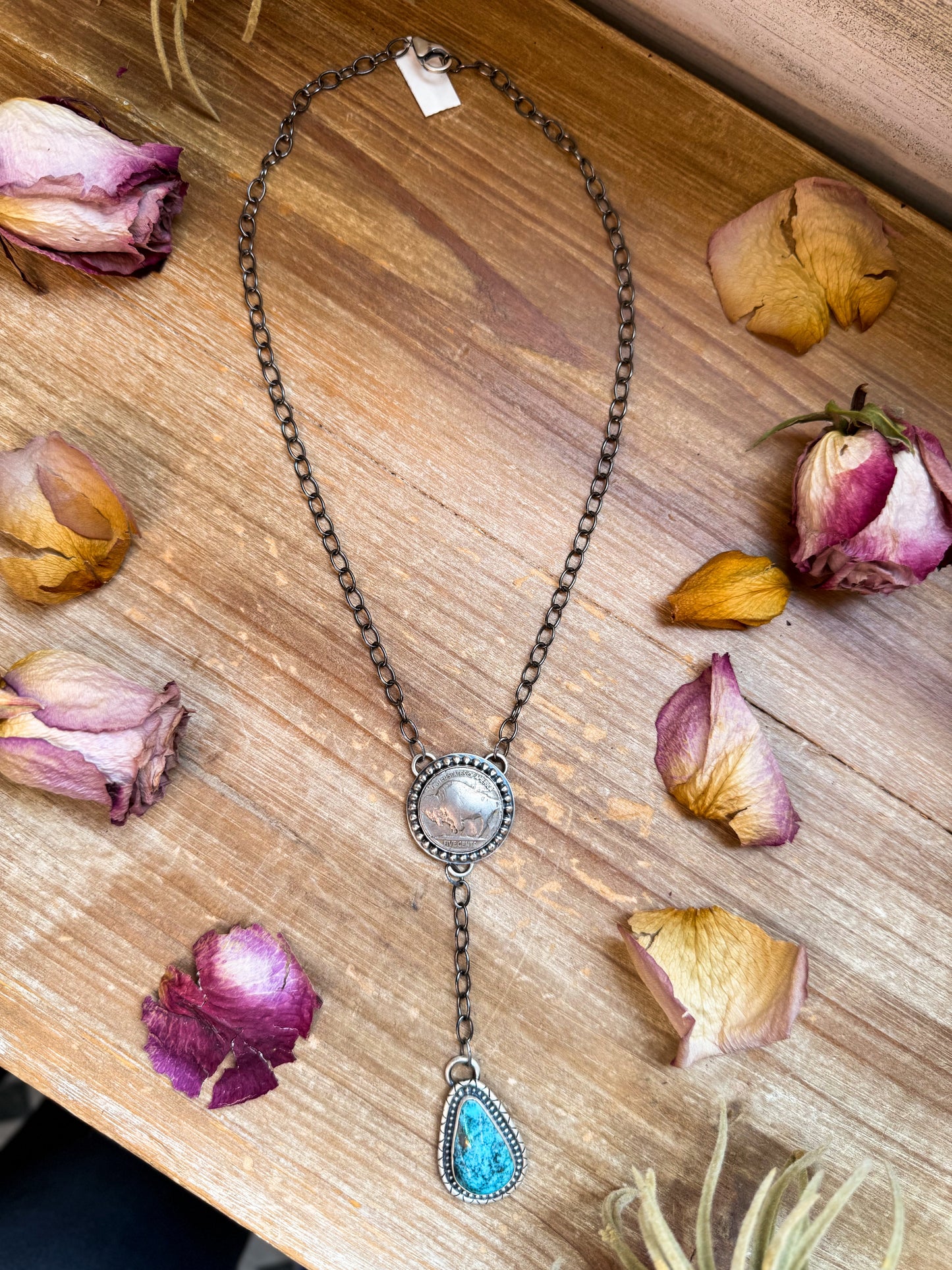 Sterling Silver Buffalo Coin & Kingman Turquoise Lariat Necklace – 18” – Artist Gilbert Nez