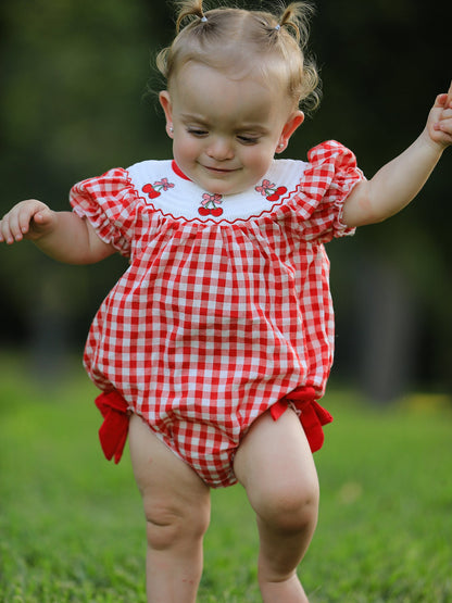 Red Cherry Bow Plaid Smocking Embroidery Girls' Romper