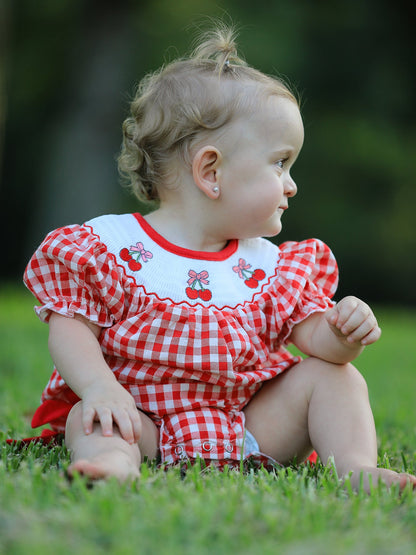 Red Cherry Bow Plaid Smocking Embroidery Girls' Romper