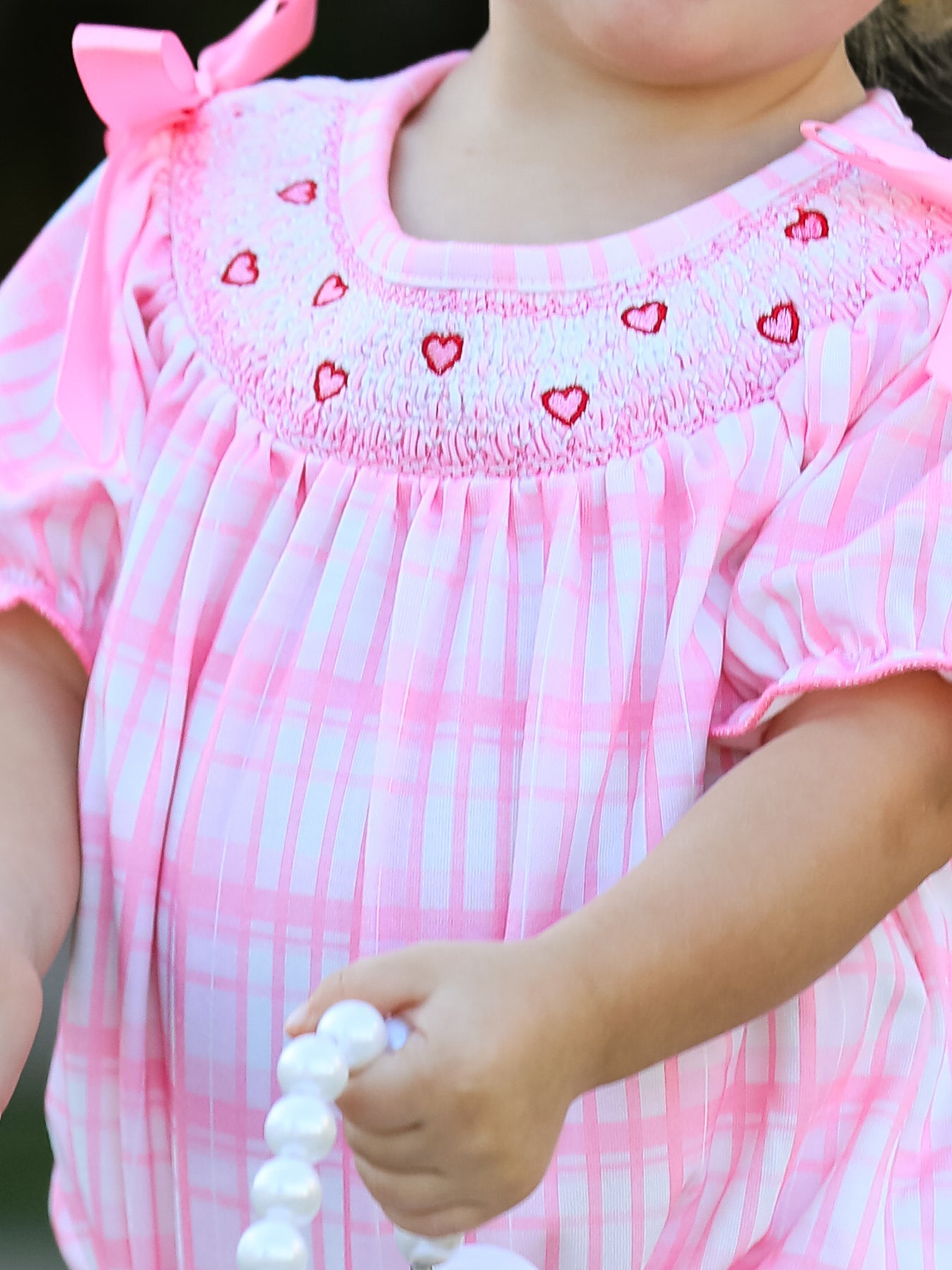 Valentine's Day Pink Plaid Smocked Heart Embroidery Girls Romper