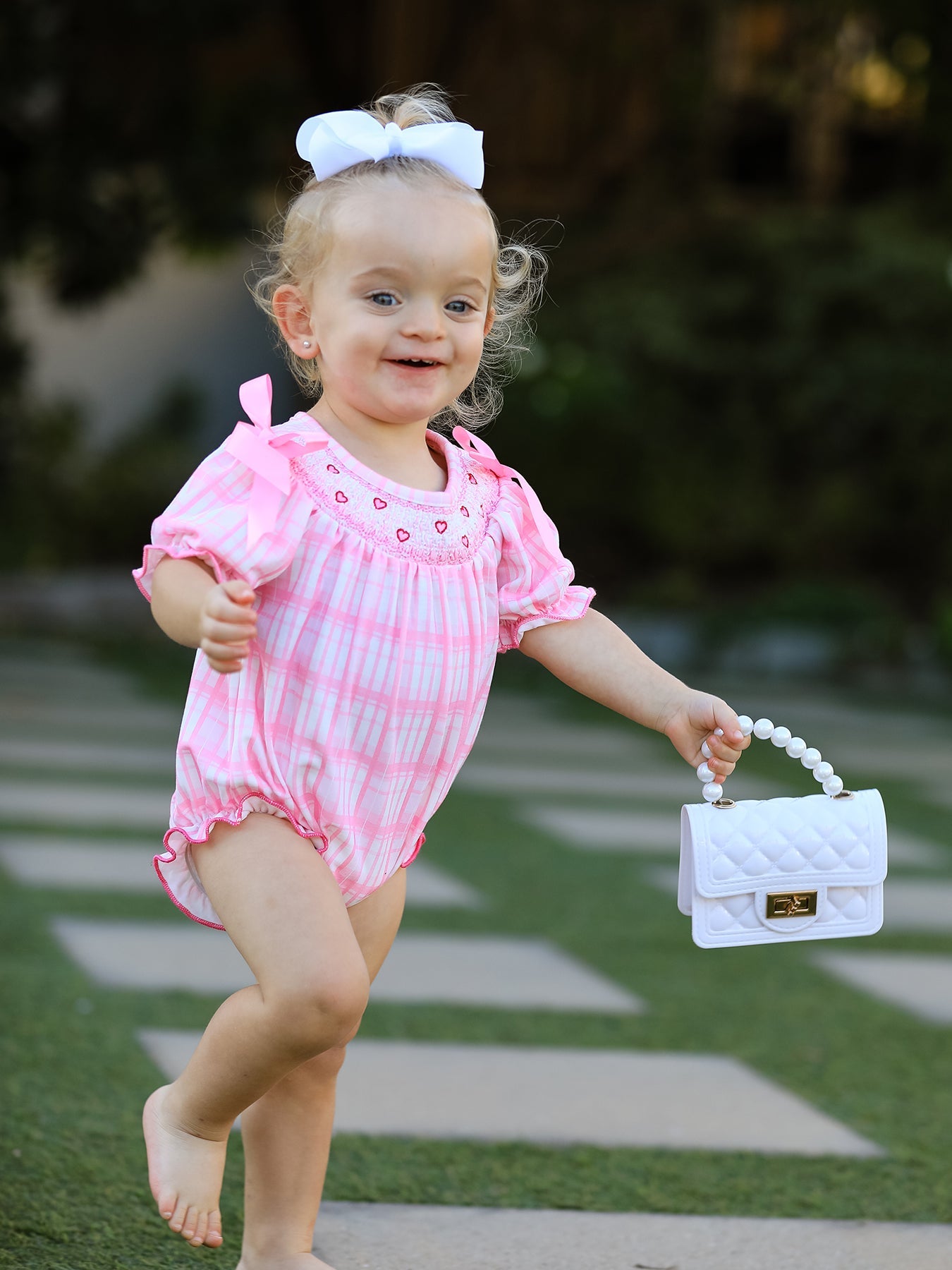 Valentine's Day Pink Plaid Smocked Heart Embroidery Girls Romper
