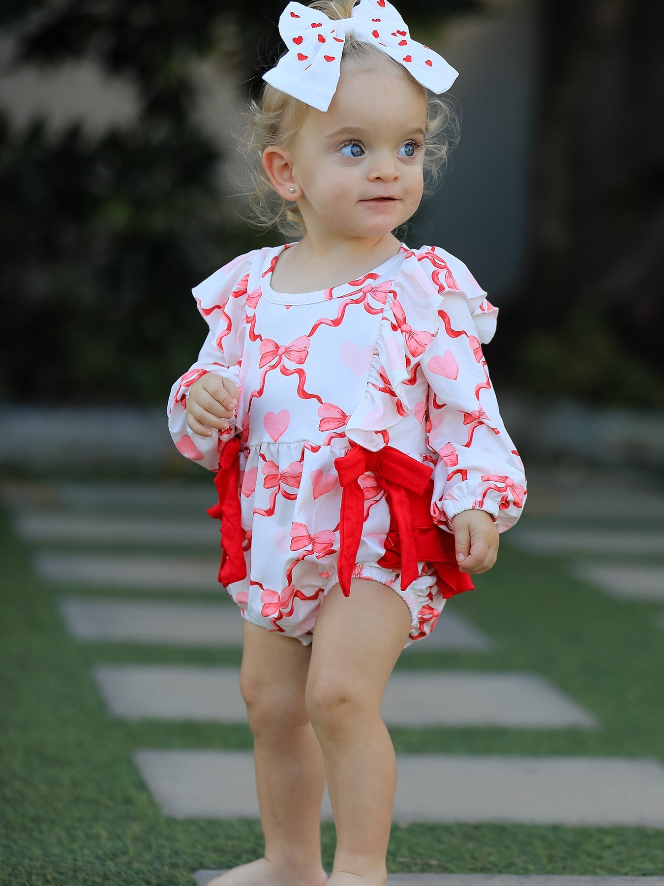 Girls Valentine Romper with Heart Print and Bowknot Design