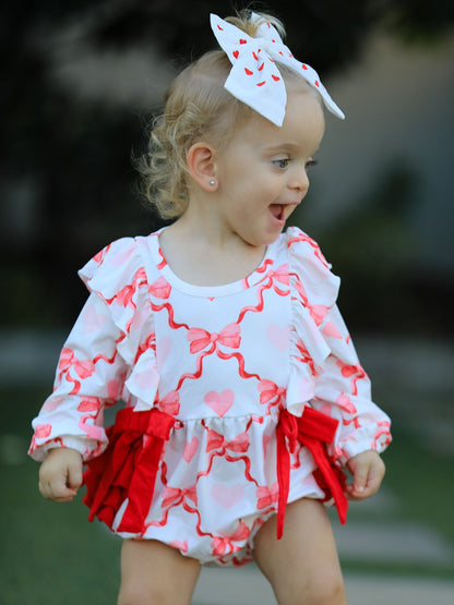 Girls Valentine Romper with Heart Print and Bowknot Design