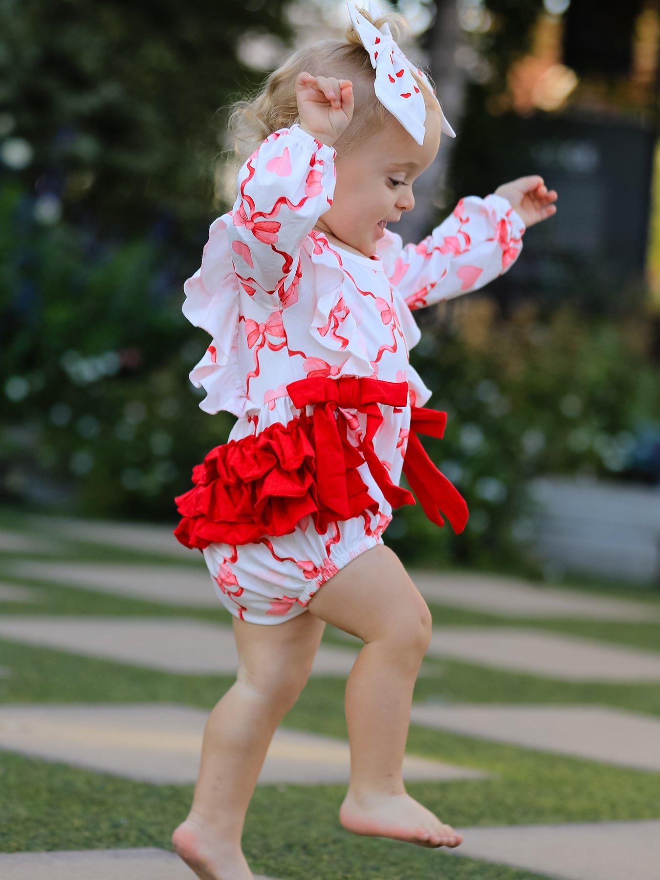 Girls Valentine Romper with Heart Print and Bowknot Design
