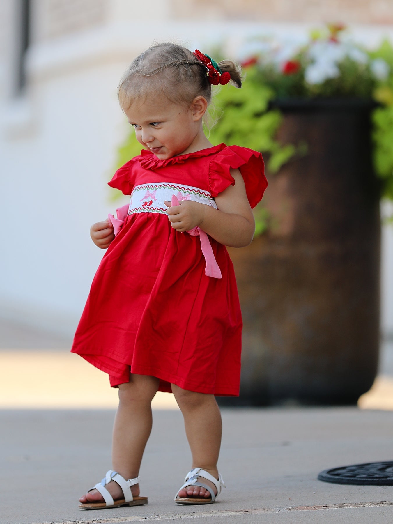 Red Cherry Bow Smocking Embroidery Girls'  Dress