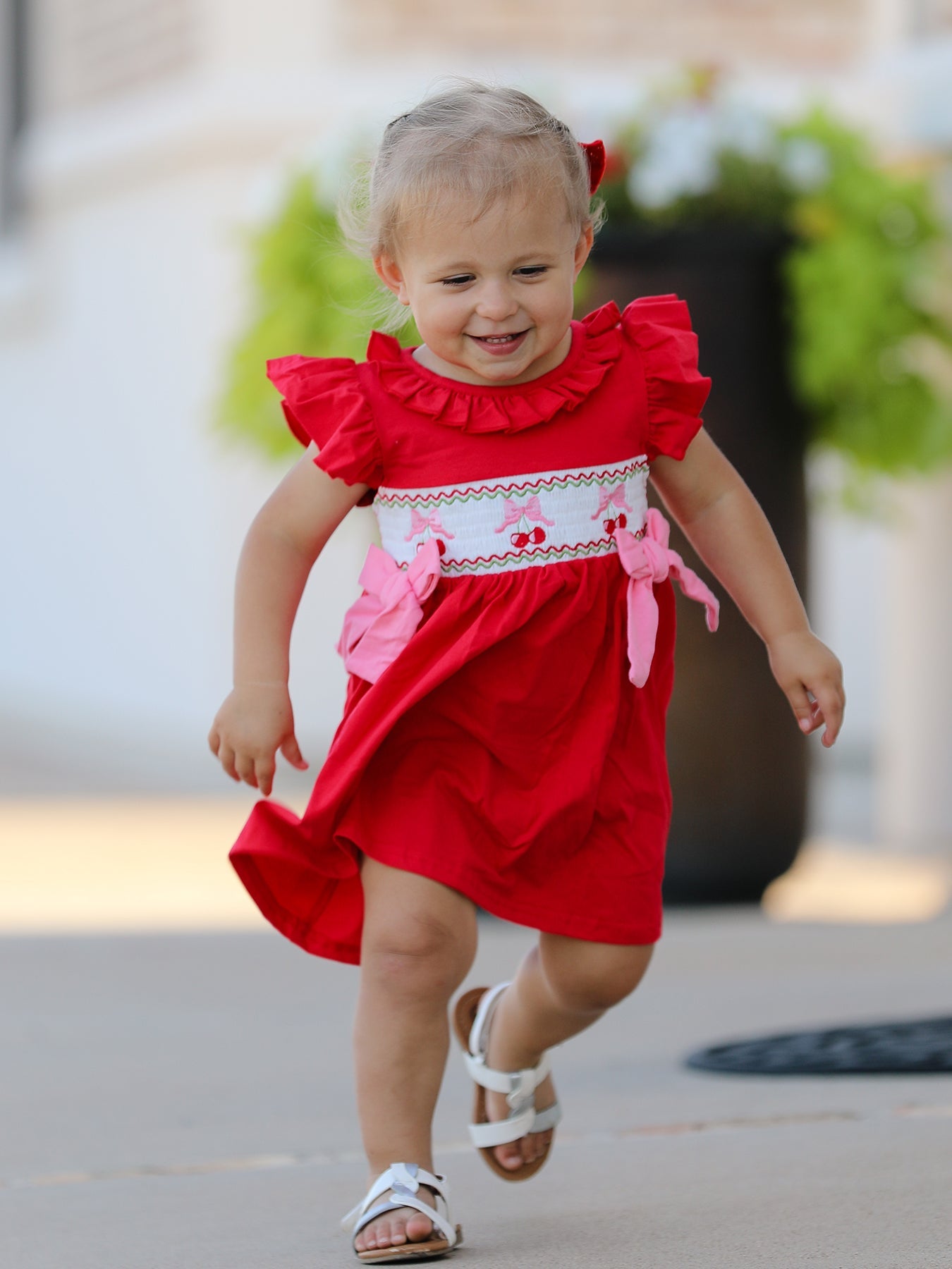 Red Cherry Bow Smocking Embroidery Girls'  Dress