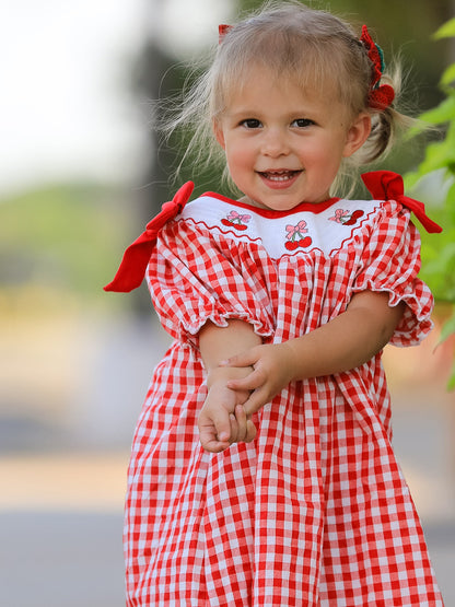 Red Cherry Bow Plaid Smocking Embroidery Girls'  Dress