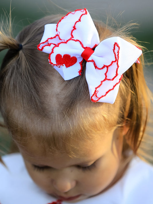 Valentine’s Hair Bow – White Ribbon with Red Heart Embroidery