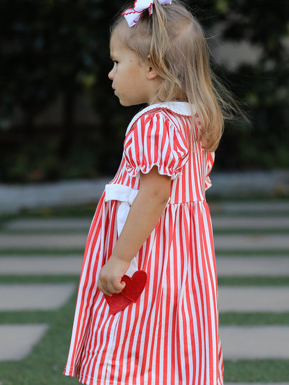 Valentine's Red Stripe Heart Dress for Toddler Girls